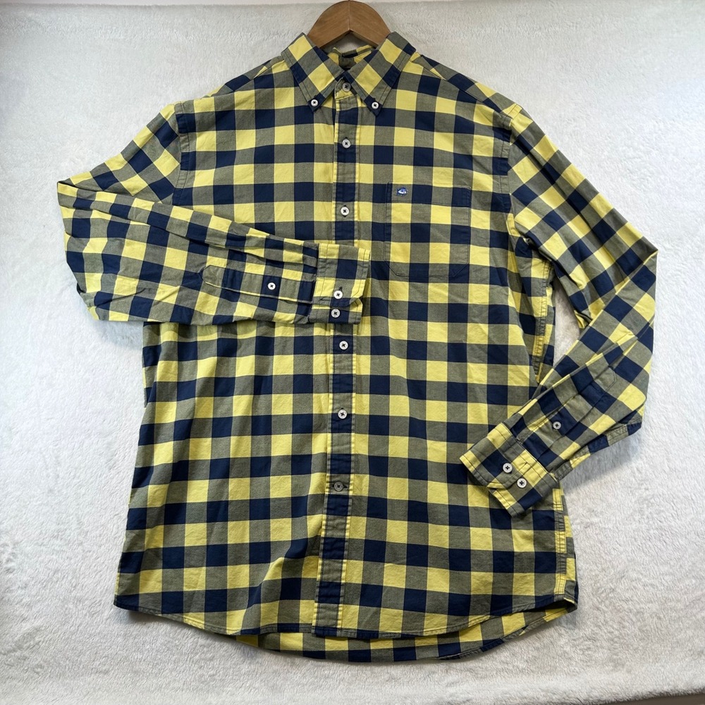 Southern Tide Preppy Buffalo Check Button Down Shirt Size M Yellow Navy Stretch